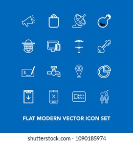 Modern, simple vector icon set on blue background with web, pay, cancel, travel, bank, technology, security, voice, subscription, celebration, people, cord, pie, progress, water, bag, tap, sink icons