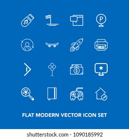 Modern, simple vector icon set on blue background with bubble, arrow, air, speech, ventilator, technology, page, right, blue, property, fan, cooler, search, sound, magnifying, road, money, car icons