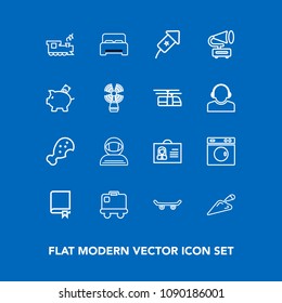 Modern, simple vector icon set on blue background with meal, travel, luggage, airport, food, astronaut, fast, shovel, extreme, railway, machine, skate, profile, festival, skater, book, person icons