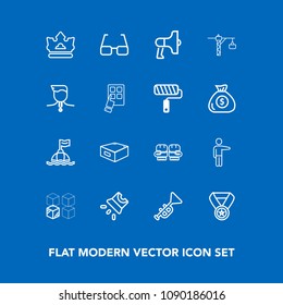 Modern, simple vector icon set on blue background with competition, white, safety, sport, bugle, movie, buoy, replacement, musical, pointing, sea, drawer, win, success, loudspeaker, screen, jazz icons