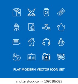 Modern, simple vector icon set on blue background with tipper, spotlight, light, female, equipment, house, vessel, person, sign, white, ball, dumper, building, headphone, architecture, message icons