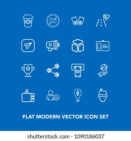 Modern, simple vector icon set on blue background with toilet, mug, cafe, bathroom, profile, win, cup, atm, forbidden, success, wc, summer, screen, pin, delivery, status, finance, sport, cargo icons