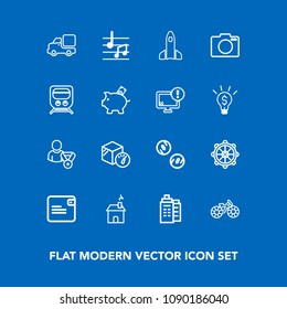 Modern, simple vector icon set on blue background with online, photo, launch, box, profile, home, lens, currency, musical, truck, cash, equipment, house, shuttle, nautical, package, ship, space icons