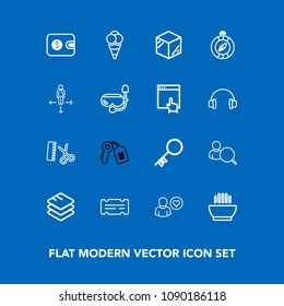 Modern, simple vector icon set on blue background with product, computer, dish, salon, professional, ice, online, hairdresser, north, template, package, profile, dessert, soup, technology, ball icons