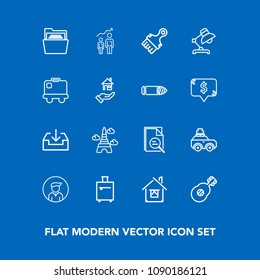 Modern, simple vector icon set on blue background with paris, development, guitar, france, download, male, man, paper, web, interior, building, eiffel, musical, sign, blank, travel, brush, home icons