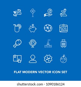 Modern, simple vector icon set on blue background with transportation, label, business, building, castle, electric, airport, car, air, bag, profile, globe, chicken, open, flag, space, meal, map icons
