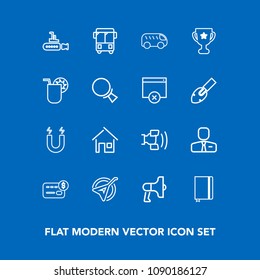 Modern, simple vector icon set on blue background with page, science, transport, balance, bus, road, pole, book, folk, speed, people, loudspeaker, music, left, magnetic, home, undersea, boat icons