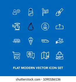 Modern, simple vector icon set on blue background with national, buy, salt, shop, ingredient, food, world, cream, railway, train, nation, market, white, dessert, style, travel, communication icons