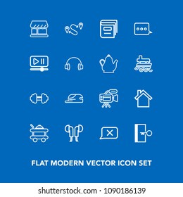 Modern, simple vector icon set on blue background with book, destination, escape, food, door, shop, microphone, exercise, cap, library, map, workout, exit, headset, telephone, point, bed, lens icons