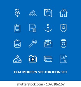 Modern, simple vector icon set on blue background with spring, object, post, nature, equipment, location, style, container, spanner, file, document, tool, metal, wildlife, map, wrench, ocean icons