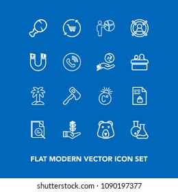 Modern, simple vector icon set on blue background with shop, chicken, screwdriver, axe, fahrenheit, wild, cart, medicine, people, seedling, grizzly, leaf, supermarket, business, temperature icons