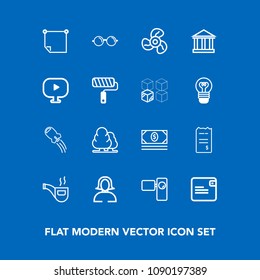 Modern, simple vector icon set on blue background with camera, landscape, coin, tree, nature, tripod, pipe, young, bill, cool, bank, electric, wallet, message, financial, video, eyeglasses, fan icons