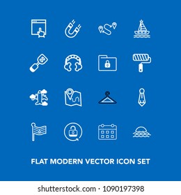 Modern, simple vector icon set on blue background with clothes, website, schedule, tie, road, map, suit, flight, sunrise, pin, science, protection, hanger, pole, destination, nation, internet icons