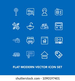 Modern, simple vector icon set on blue background with spy, house, female, cooler, interface, air, player, fan, bus, transportation, late, vision, internet, diploma, success, architecture, sale icons