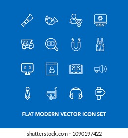 Modern, simple vector icon set on blue background with technology, setting, page, tipper, profile, arrow, suit, space, audio, fashion, sea, megaphone, bugle, book, truck, headphone, vehicle, way icons