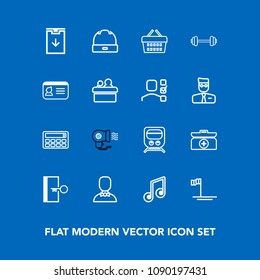 Modern, simple vector icon set on blue background with escape, sound, white, sale, web, box, emergency, transportation, female, download, music, hat, kit, button, hair, fashion, store, shop, aid icons