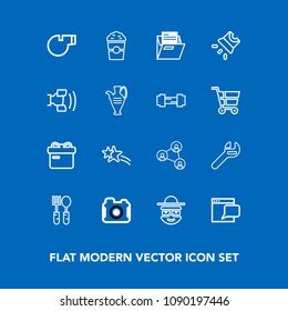 Modern, simple vector icon set on blue background with equipment, photography, camera, holiday, display, wrench, file, kitchen, internet, technology, shiny, website, paper, referee, happy, shop icons
