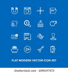 Modern, simple vector icon set on blue background with music, guitar, pole, web, pin, soup, field, envelope, diskette, phone, food, communication, dish, bag, investment, dollar, equipment, hot icons