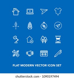 Modern, simple vector icon set on blue background with forest, telephone, voice, nature, send, house, sand, audio, write, environment, pen, email, message, clock, estate, space, business, sound icons