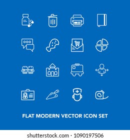 Modern, simple vector icon set on blue background with sport, bin, trash, castle, baggage, architecture, health, surgeon, competition, insulating, building, printer, electrical, tape, equipment icons