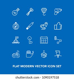 Modern, simple vector icon set on blue background with folk, key, gold, point, vehicle, life, medal, schedule, old, musical, buoy, instrument, timetable, safety, sea, calendar, music, success icons