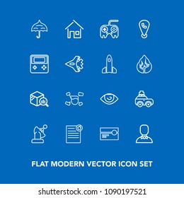 Modern, simple vector icon set on blue background with document, phone, home, arrow, button, location, communication, music, technology, boy, body, man, business, trend, suitcase, eye, rain, web icons