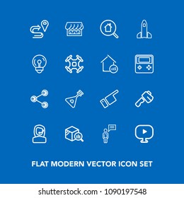 Modern, simple vector icon set on blue background with real, share, curtain, communication, chat, estate, statistic, route, screwdriver, construction, person, finger, sign, white, showing, call icons