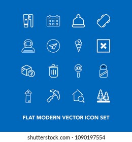 Modern, simple vector icon set on blue background with care, calendar, nature, magnifying, timetable, industry, clean, forest, trash, cap, recycling, salt, europe, search, day, can, find, food icons