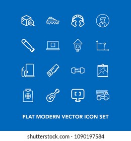 Modern, Simple Vector Icon Set On Blue Background With Vehicle, Photo, Dumper, Frame, Statistic, Exercise, Sport, Retail, Internet, Gym, Gift, Transport, White, Sea, Music, Workout, Truck, Saw Icons