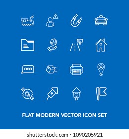 Modern, simple vector icon set on blue background with home, background, celebration, transportation, alarm, ribbon, science, shipping, decorative, online, transport, taxi, birdhouse, pin, train icons