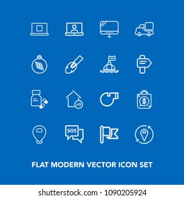 Modern, simple vector icon set on blue background with vehicle, sport, price, danger, sign, technology, property, communication, national, estate, call, tag, whistle, referee, bag, medical, real icons