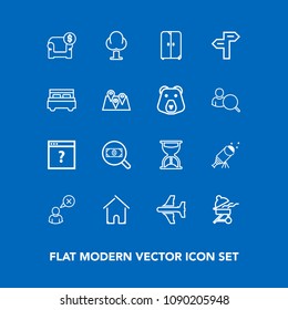 Modern, simple vector icon set on blue background with page, search, furniture, business, airplane, nature, barbecue, landscape, hour, house, bbq, travel, meat, cancel, online, cooking, building icons
