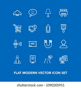 Modern, simple vector icon set on blue background with profile, war, launch, pole, black, presentation, microphone, rocket, military, business, science, space, parachute, chat, parachuting, road icons