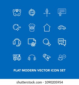 Modern, simple vector icon set on blue background with stereo, sos, direction, technology, place, award, audio, headset, frame, search, wing, falling, account, diploma, sound, dumper, sign, user icons