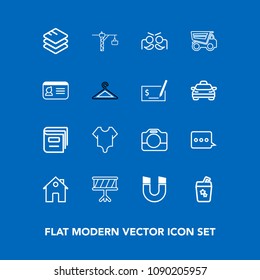 Modern, simple vector icon set on blue background with film, message, holiday, cute, camera, model, drum, business, video, hammer, party, glass, information, girl, equipment, fashion, science icons