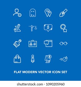 Modern, simple vector icon set on blue background with late, buy, night, office, fashion, man, speech, optical, chat, sale, eyesight, lamp, map, internet, scary, retail, tie, user, , paper, pin icons