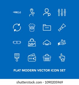 Modern, simple vector icon set on blue background with sale, map, paintbrush, store, fashion, jump, index, finance, route, market, web, money, account, purse, internet, sign, hobby, extreme, hit icons