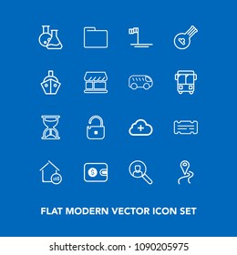 Modern, simple vector icon set on blue background with real, money, internet, technology, ocean, location, folder, sand, wallet, time, entertainment, estate, security, web, baja, property, road icons