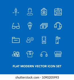 Modern, simple vector icon set on blue background with add, avatar, water, sos, audio, staff, stereo, place, white, file, light, bag, worker, user, sea, road, profile, human, sound, travel, eye icons