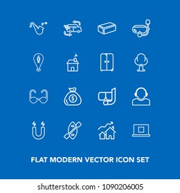 Modern, simple vector icon set on blue background with finance, snorkel, fast, science, service, increase, support, brick, fashion, sunglasses, construction, home, musical, sign, bugle, paddle icons