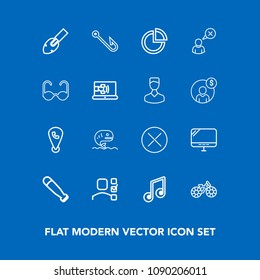 Modern, simple vector icon set on blue background with web, hook, fishing, transportation, location, baseball, office, wood, sound, computer, white, laptop, fish, equipment, note, phone, map, pc icons