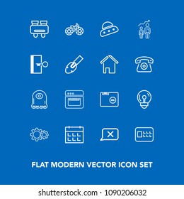 Modern, simple vector icon set on blue background with security, bike, watch, alien, cooking, equipment, safety, kitchen, action, cycle, food, light, chat, electric, wheel, bank, day, technology icons