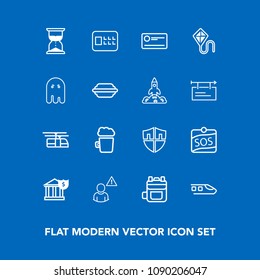 Modern, simple vector icon set on blue background with rucksack, summer, sos, banking, drink, network, label, train, hourglass, fun, lock, protect, business, travel, transport, rail, alarm, kite icons