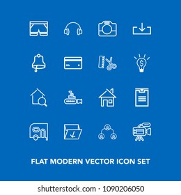 Modern, Simple Vector Icon Set On Blue Background With Waste, Structure, Stereo, Tripod, Boat, Camera, Handle, Undersea, White, Company, Home, Ocean, Lens, House, Shorts, People, Transportation Icons