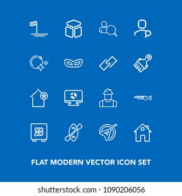 Modern, simple vector icon set on blue background with strike, construction, builder, musical, water, folk, chart, hit, sport, lock, person, boat, music, instrument, account, cube, online, oar icons