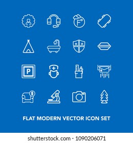 Modern, simple vector icon set on blue background with technology, work, sofa, forest, web, mobile, science, temperature, call, headset, microphone, research, transport, letter, furniture, lens icons