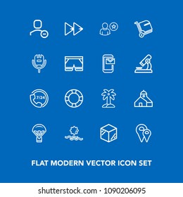 Modern, simple vector icon set on blue background with pin, web, tropical, box, morning, road, jump, rewind, button, product, summer, template, ring, construction, landscape, parachute, sun, sky icons