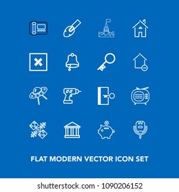 Modern, simple vector icon set on blue background with ufo, bank, investment, microphone, global, music, communication, coin, greek, television, voice, architecture, sign, shovel, technology, tv icons