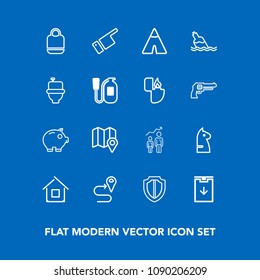 Modern, simple vector icon set on blue background with chess, adventure, economy, location, finance, camp, chessboard, protection, outdoor, object, style, horse, growth, people, architecture icons