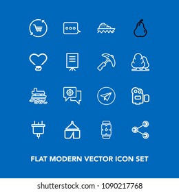 Modern, simple vector icon set on blue background with handle, electric, equipment, minute, social, transport, film, boat, sign, adventure, electricity, chat, hand, watch, message, camp, email icons